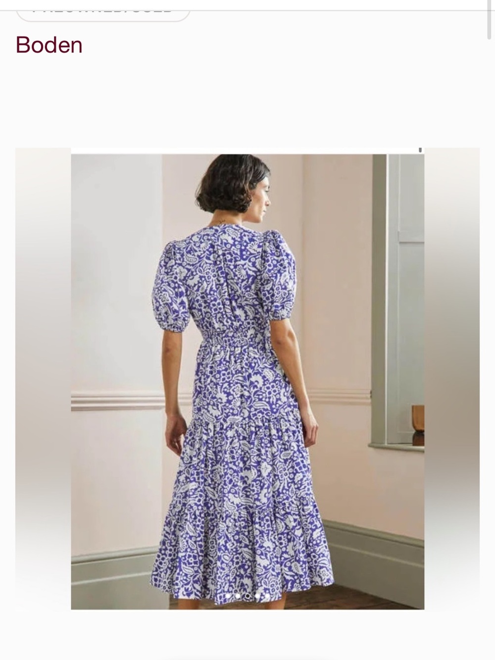 Boden Blue and White Floral Midi Dress - V-Neck Puff Sleeve, tiered midi skirt. - Picture 2 of 11